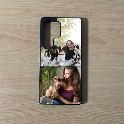 Custom phone case for the Samsung S series showing 2 photo collage photo of woman with her dogs moments with a matching adhesive phone grip on a wooden surface.