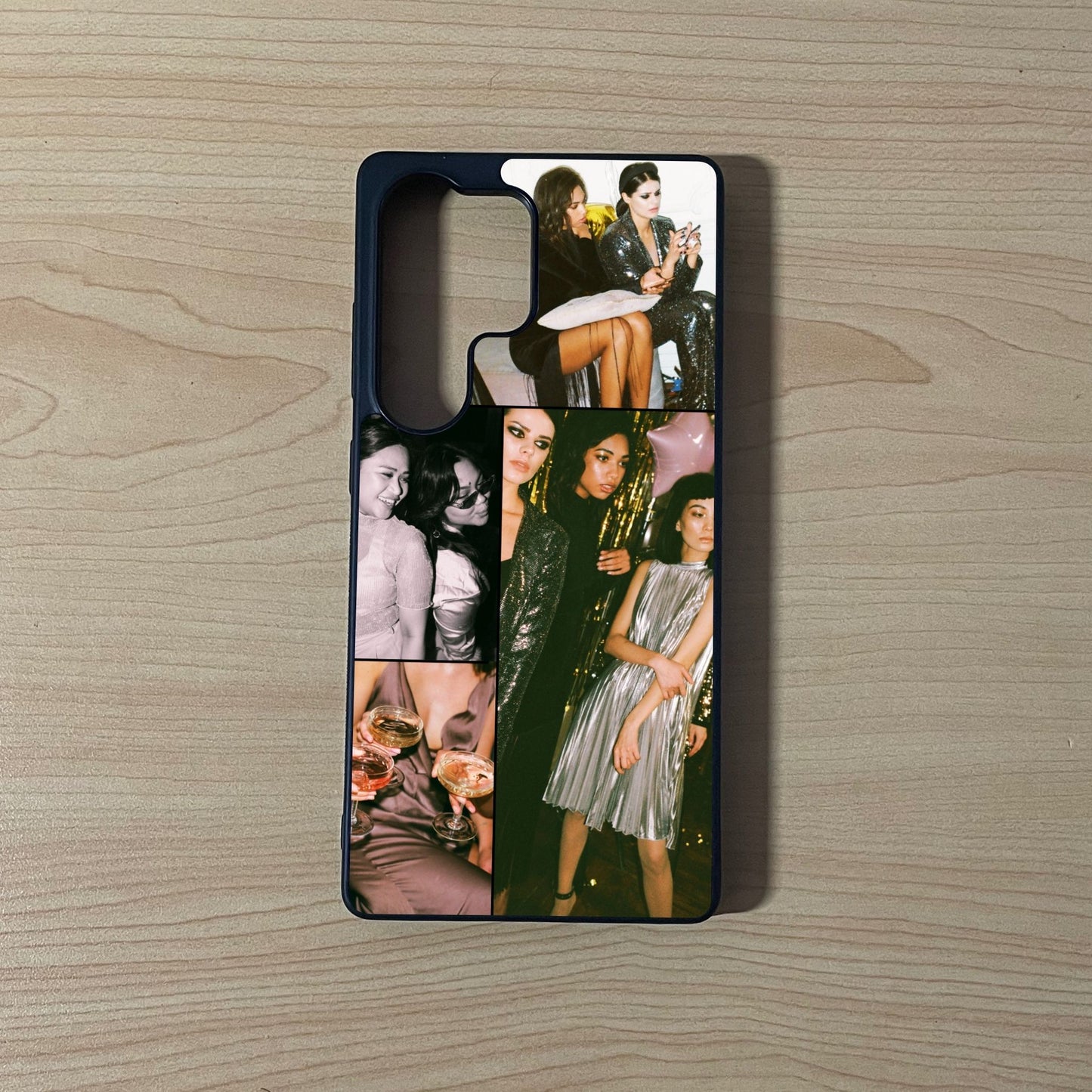 Custom phone case for the Samsung S Series showing 4 photo collage photo of friends moments on a wooden surface.
