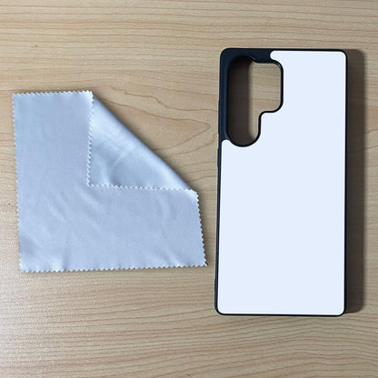 Samsung phone case next to a microfiber screen cleaning cloth on a wooden surface