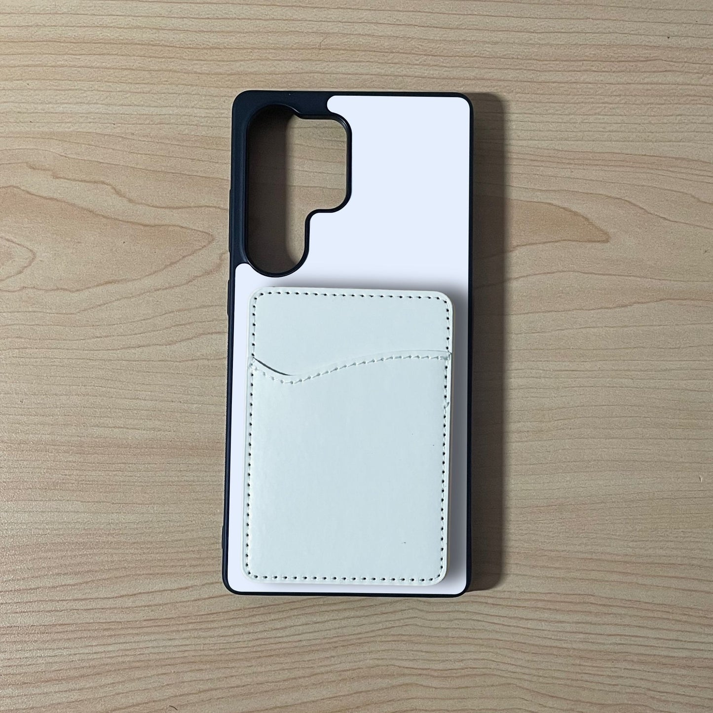 Samsung custom phone case with an adhesive card holder attached on a wooden surface