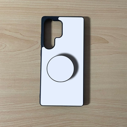 Samsung custom phone case with an adhesive phone grip attached on a wooden background.