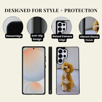 Samsung phone case with features highlighted on a beige background