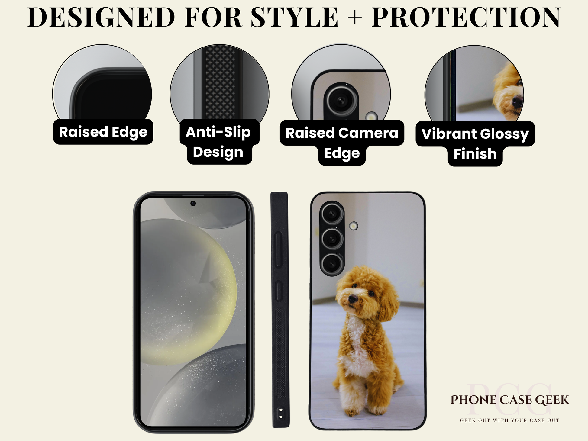 Phone case features with text 'Designed for Style + Protection' and images of Samsung phone cases.