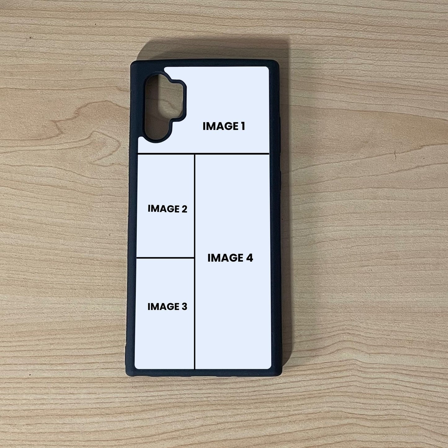 Custom phone case for the Samsung Note 10 Plus showing 4 photo collage photo placement on a wooden surface.