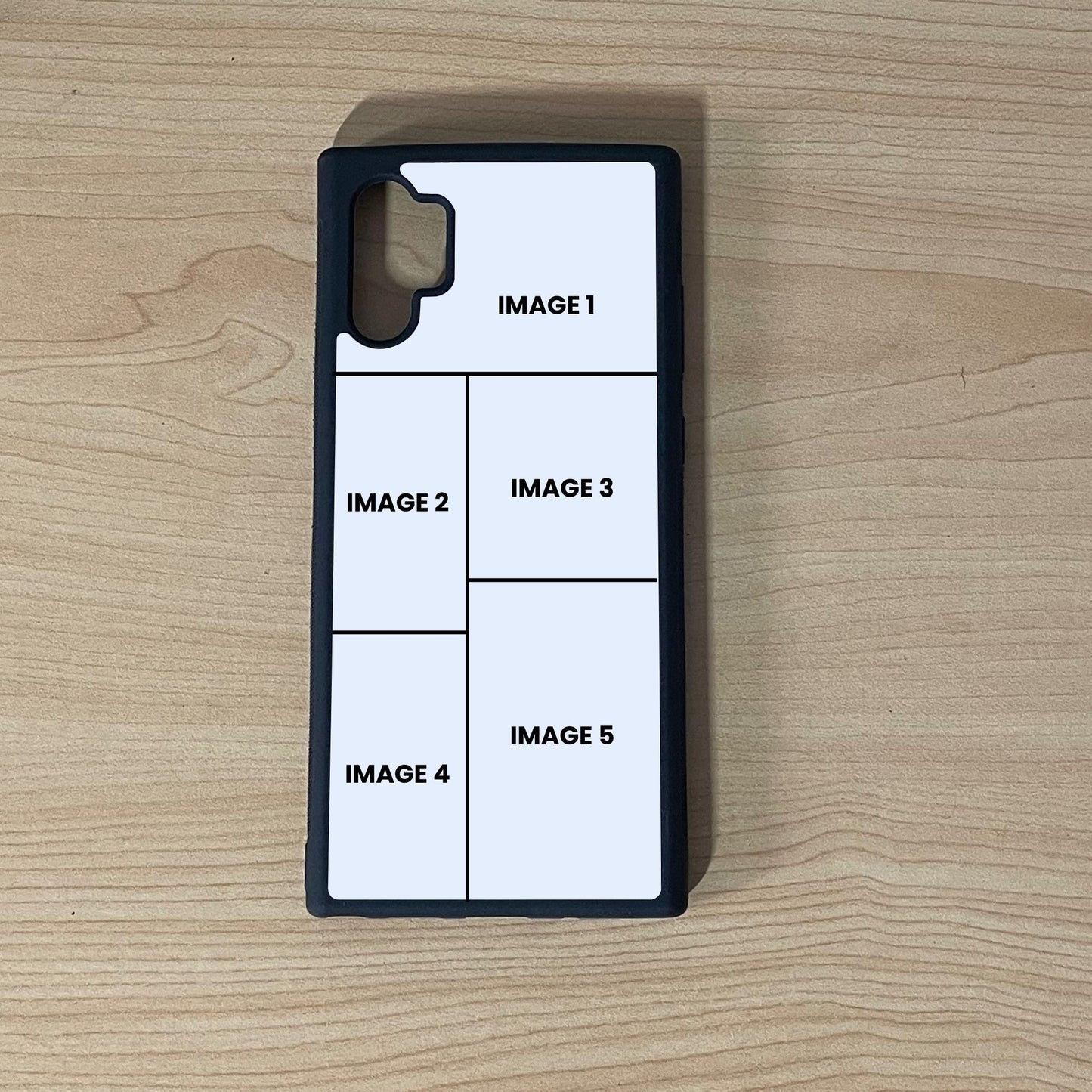 Custom phone case for the Samsung Note 10 Plus showing 5 photo collage photo placement on a wooden surface.