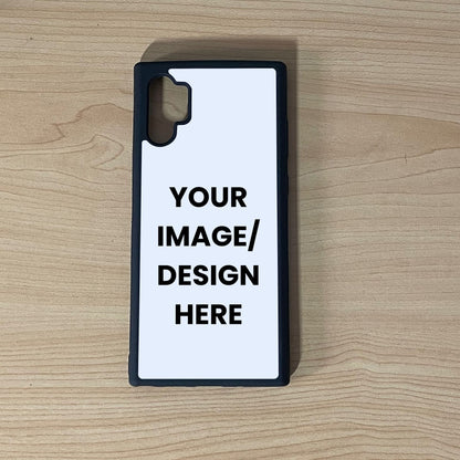 Custom phone case for Samsung Note 10 Plus with "Your Image/ design here" to show customizable area on a wooden surface