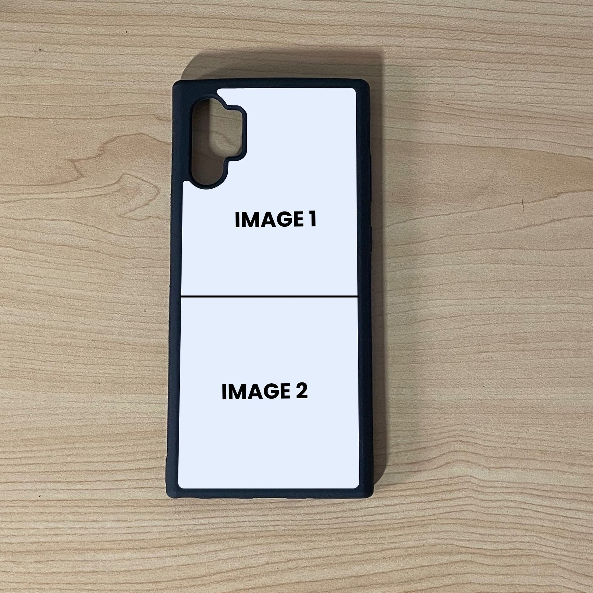 Custom phone case for the Note 10 Plus showing 2 photo collage photo placement on a wooden surface.