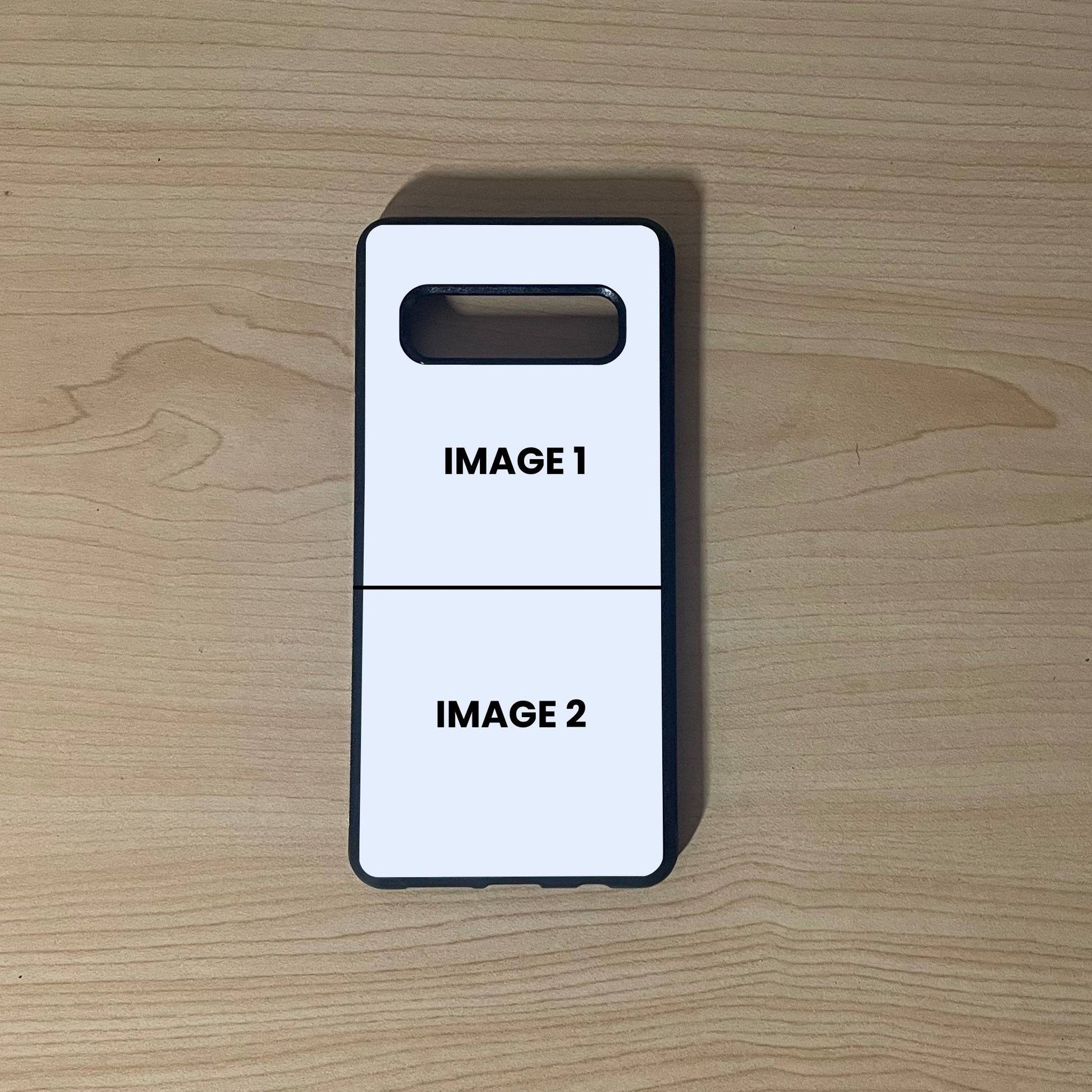 Custom phone case for the Samsung S10 and S10e showing 2 photo collage photo placement on a wooden surface.