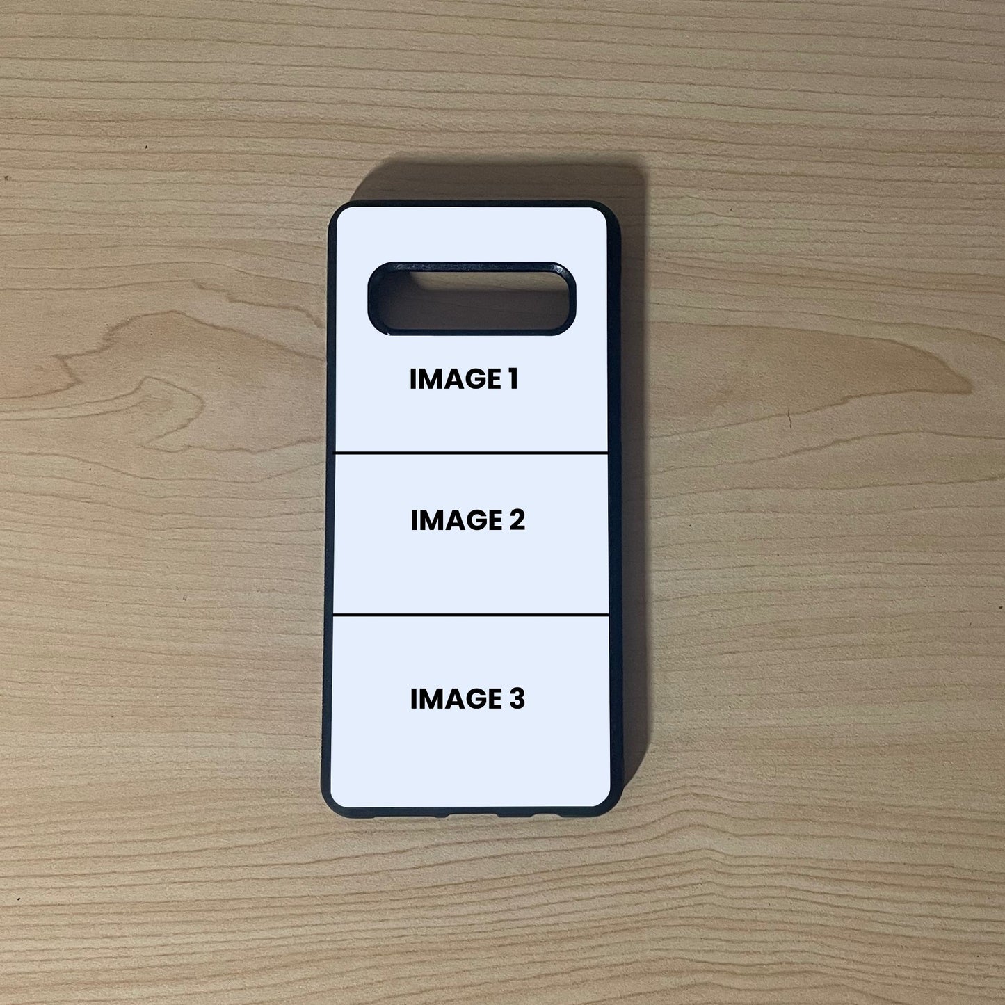 Custom phone case for the Samsung S10 and S10e showing 3 photo collage photo placement on a wooden surface.