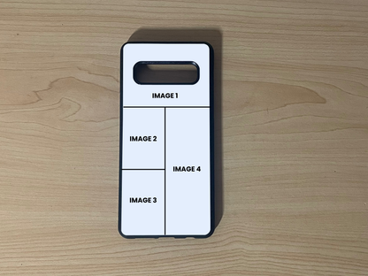 Custom phone case for the Samsung S10 and S10e showing 4 photo collage photo placement on a wooden surface.
