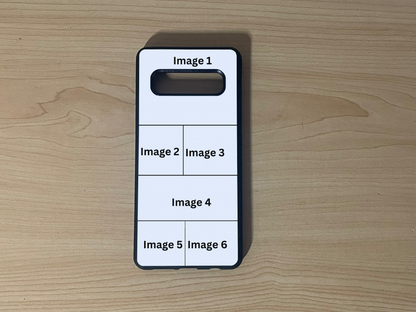 Custom phone case for the Samsung S10 and S10e showing 6 photo collage photo placement on a wooden surface.