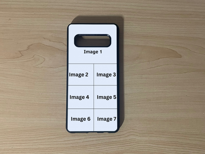 Custom phone case for the Samsung S10 and S10e showing 7 photo collage photo placement on a wooden surface.