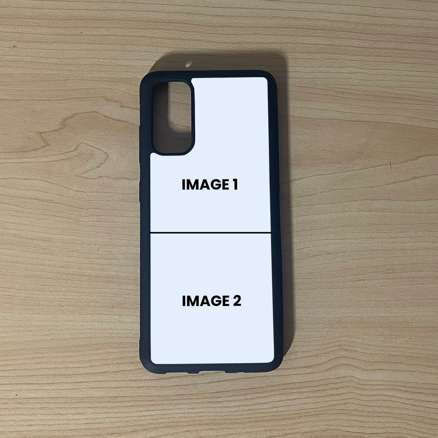 Custom phone case for the Samsung S20, S20 Ultra, and S20 FE showing 2 photo collage photo placement on a wooden surface.