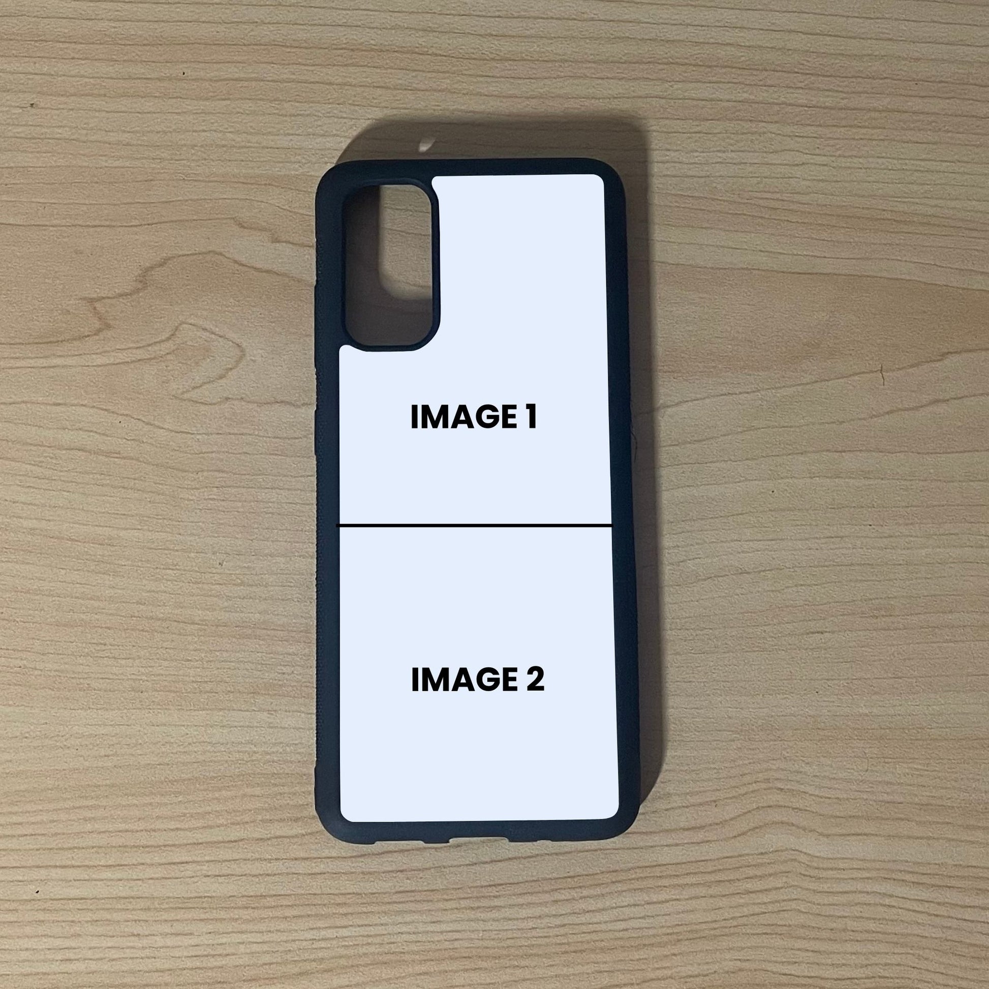Custom phone case for the Samsung S20, S20 Ultra, and S20 FE showing 2 photo collage photo placement on a wooden surface.