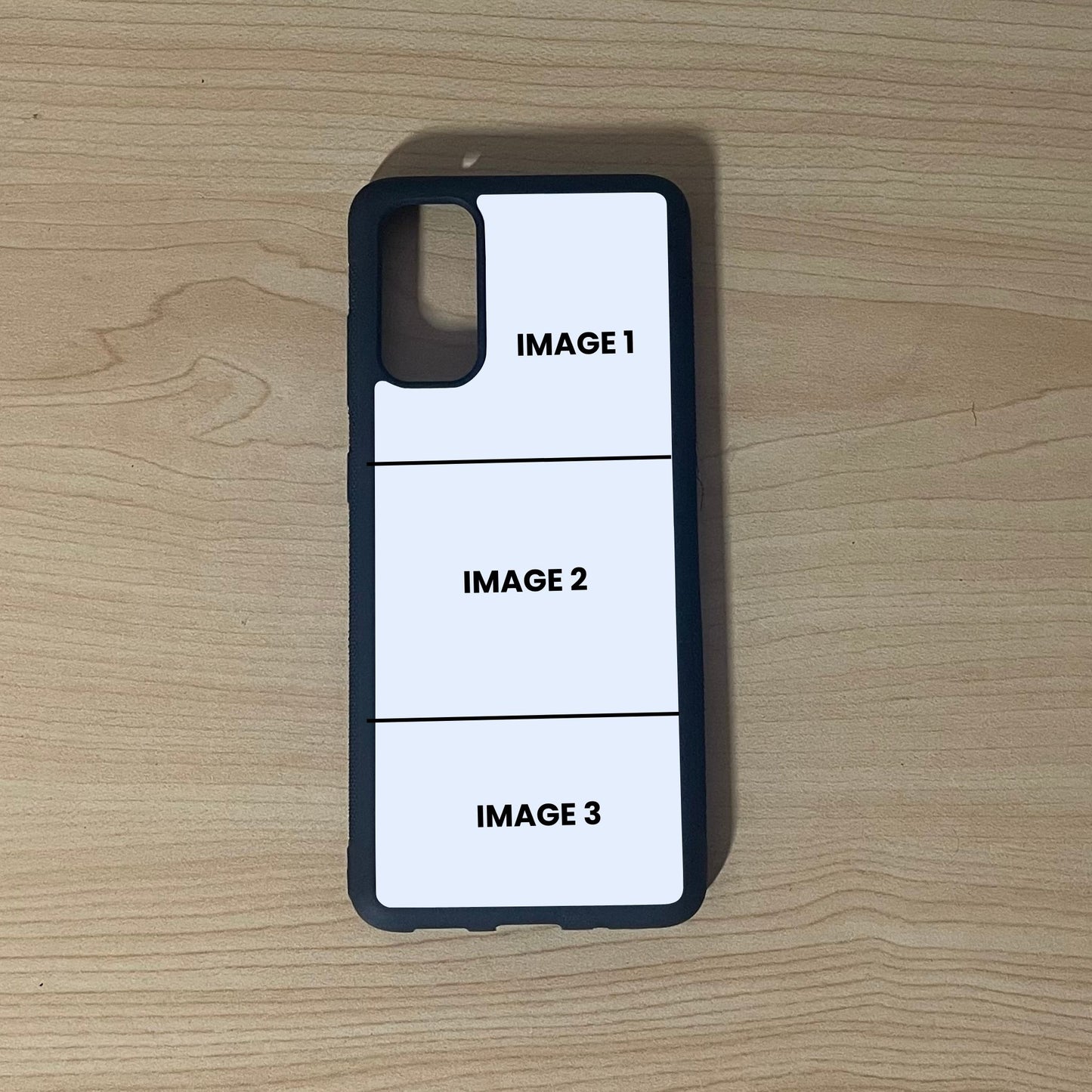 Custom phone case for the Samsung S20, S20 Ultra, and S20 FE showing 3 photo collage photo placement on a wooden surface.