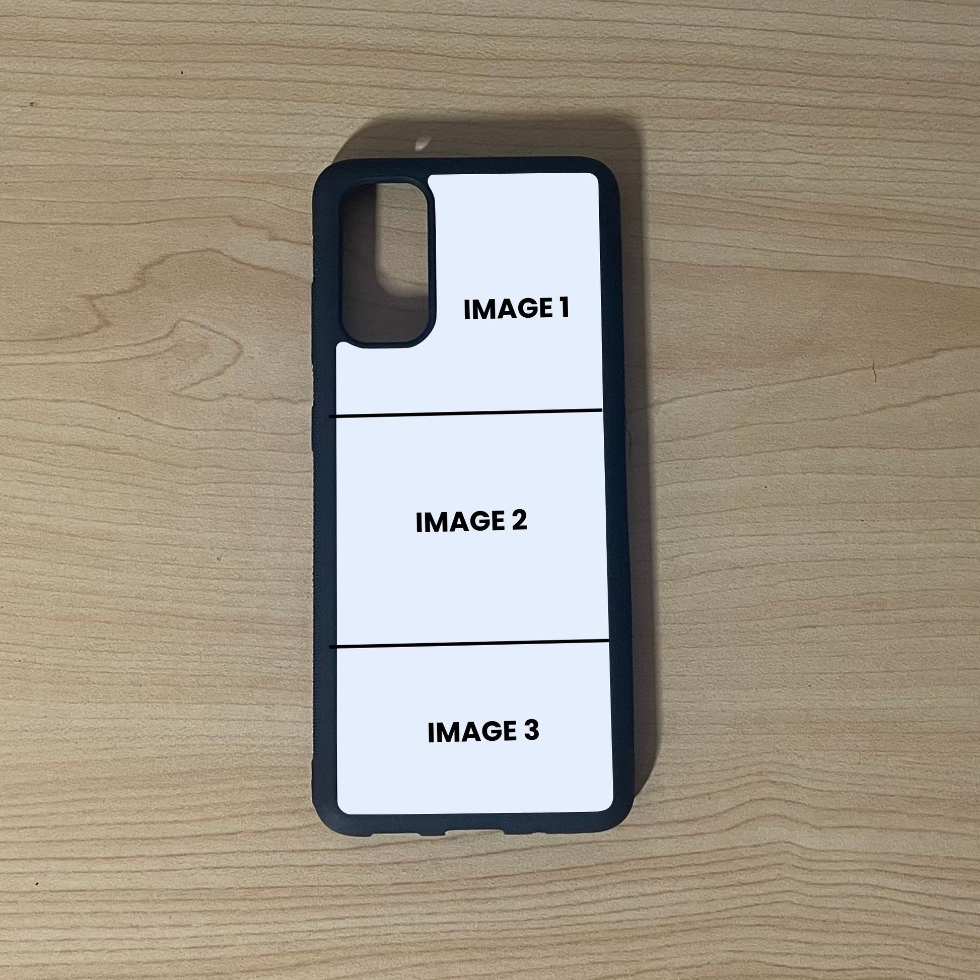 Custom phone case for the Samsung S20, S20 Ultra, and S20 FE showing 3 photo collage photo placement on a wooden surface.