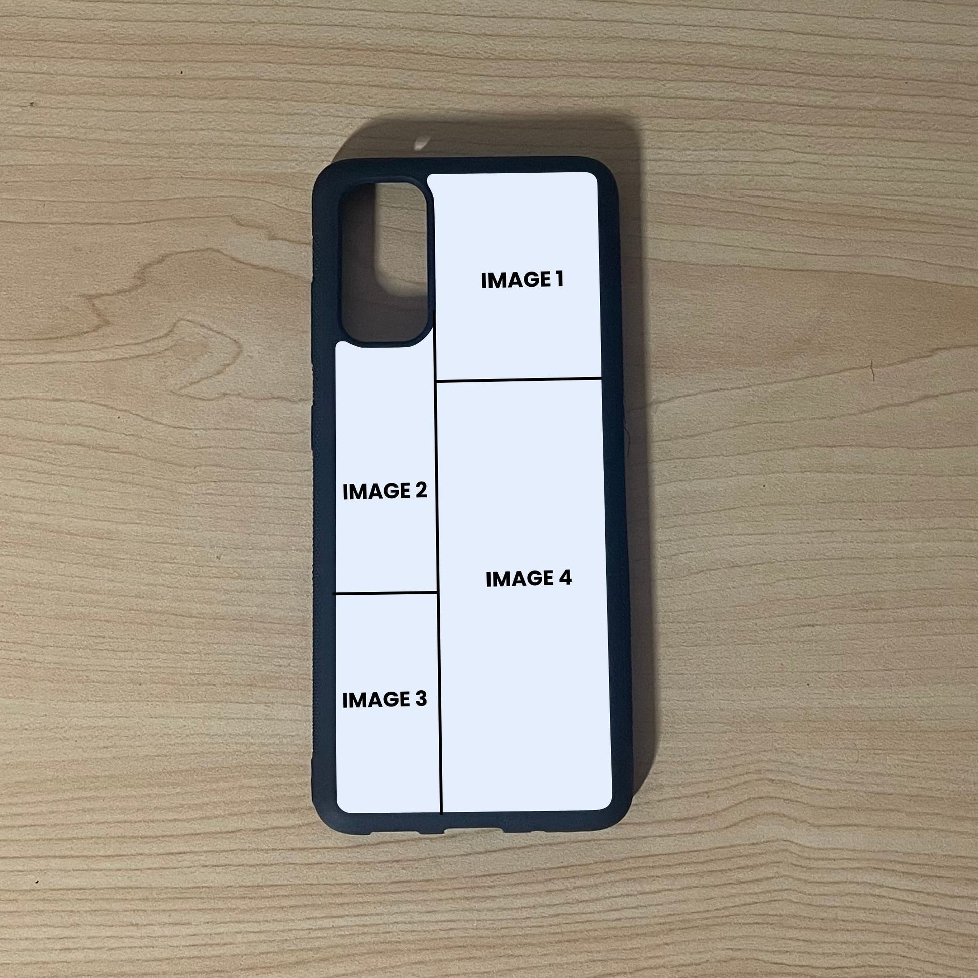 Custom phone case for the Samsung S20, S20 Ultra, and S20 FE showing 4 photo collage photo placement on a wooden surface.