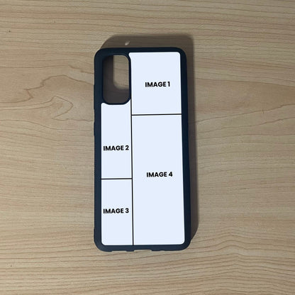 Custom phone case for the Samsung S20, S20 Ultra, and S20 FE showing 4 photo collage photo placement on a wooden surface.