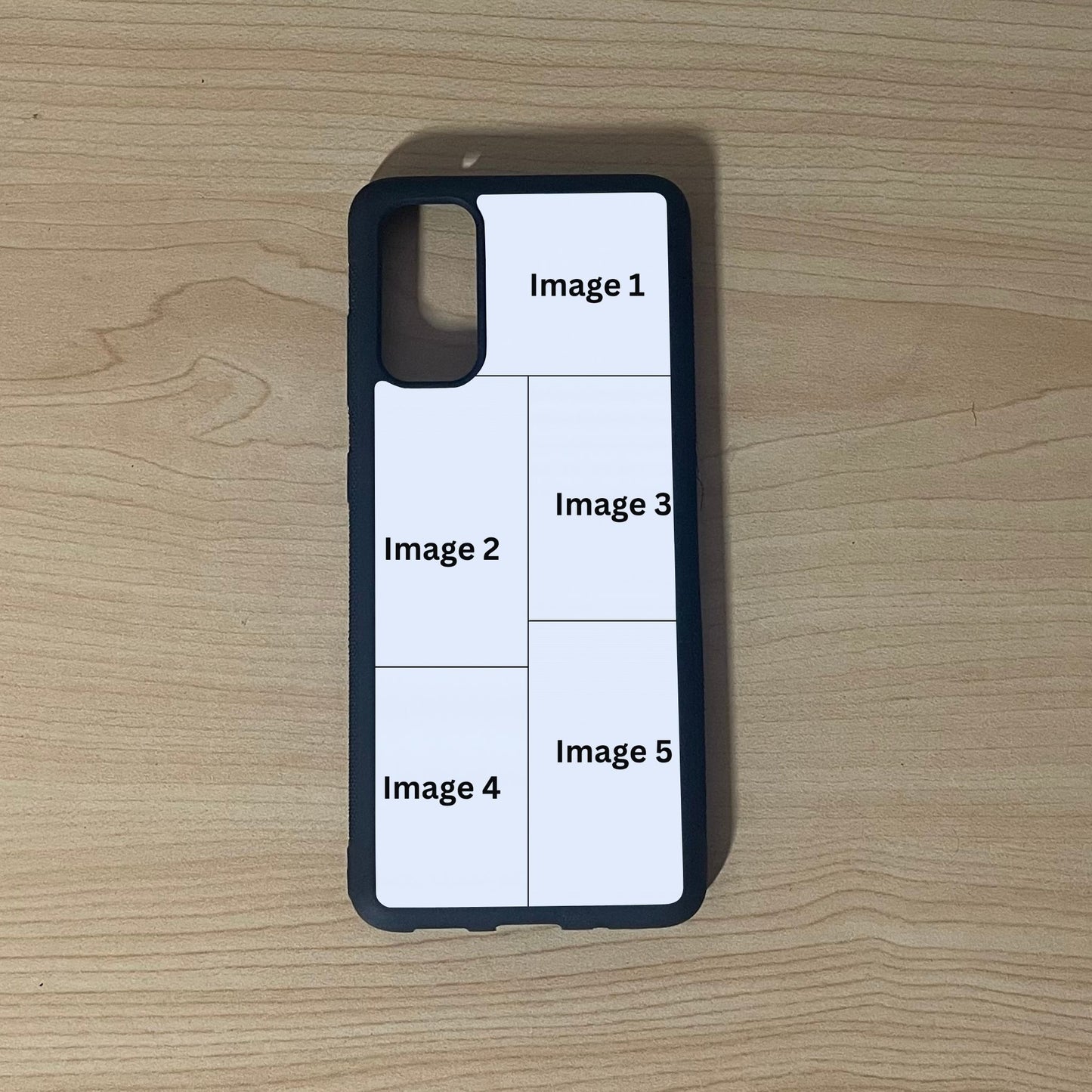 Custom phone case for the Samsung S20, S20 Ultra, and S20 Fe showing 5 photo collage photo placement on a wooden surface.