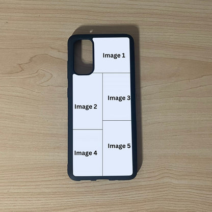 Custom phone case for the Samsung S20, S20 Ultra, and S20 Fe showing 5 photo collage photo placement on a wooden surface.