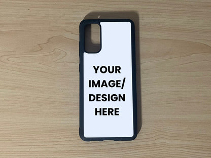Custom phone case for the Samsung S20, S20 Ultra, and S20 FE showing  "Your Image / design here" for customization placement on a wooden surface.