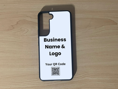 Custom phone case for the Samsung S21 and S21 Plus showing  placement for business logo design and customizable QR code on a wooden surface