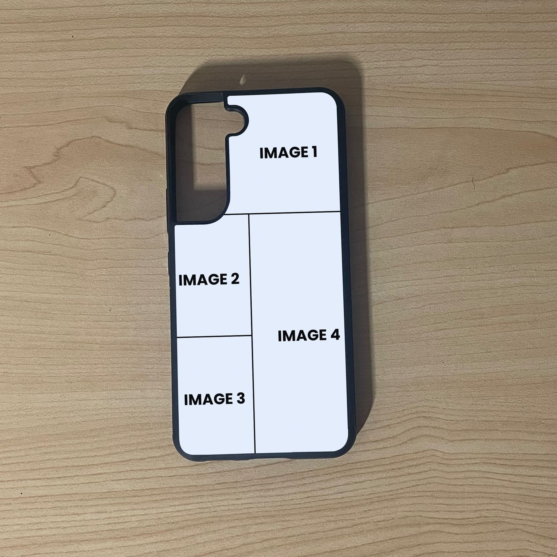 Custom phone case for the Samsung S21 and S21 Plus showing 4 photo collage photo placement on a wooden surface.
