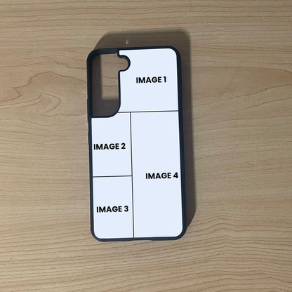 Custom phone case for the Samsung S21 and S21 Plus showing 4 photo collage photo placement on a wooden surface.