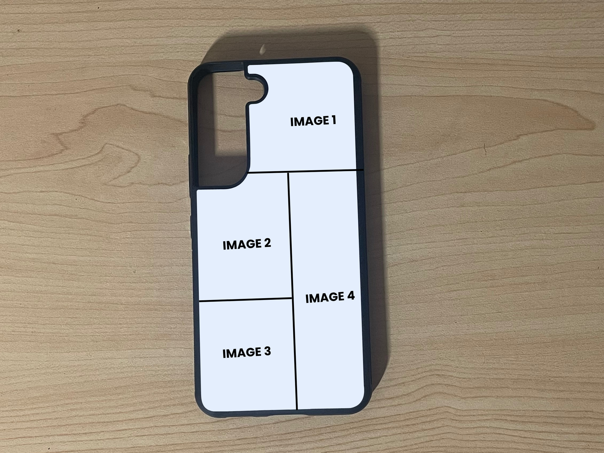 Custom phone case for the Samsung S21 and S21 Plus showing 4 photo collage photo placement on a wooden surface.