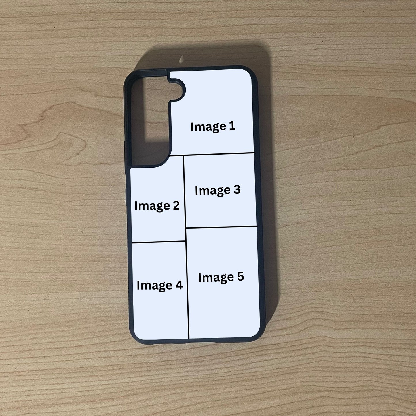 Custom phone case for the Samsung S21 and S21 Plus showing 5 photo collage photo placement on a wooden surface.