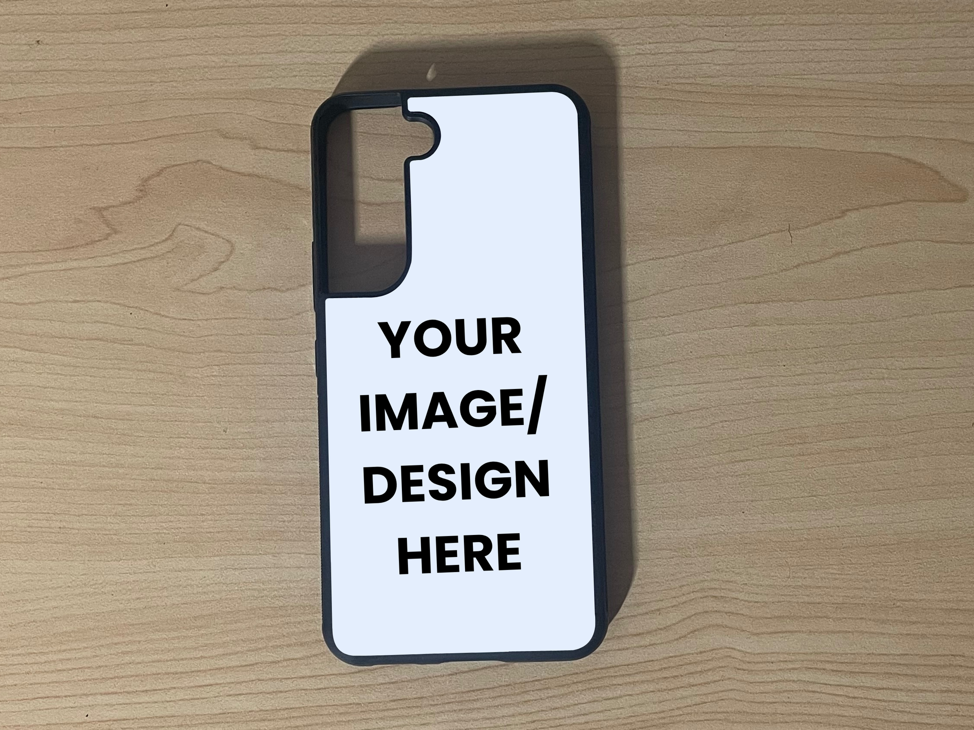 Custom phone case for the Samsung S21 and S21 Plus showing "Your image/ design here" photo placement on a wooden surface.