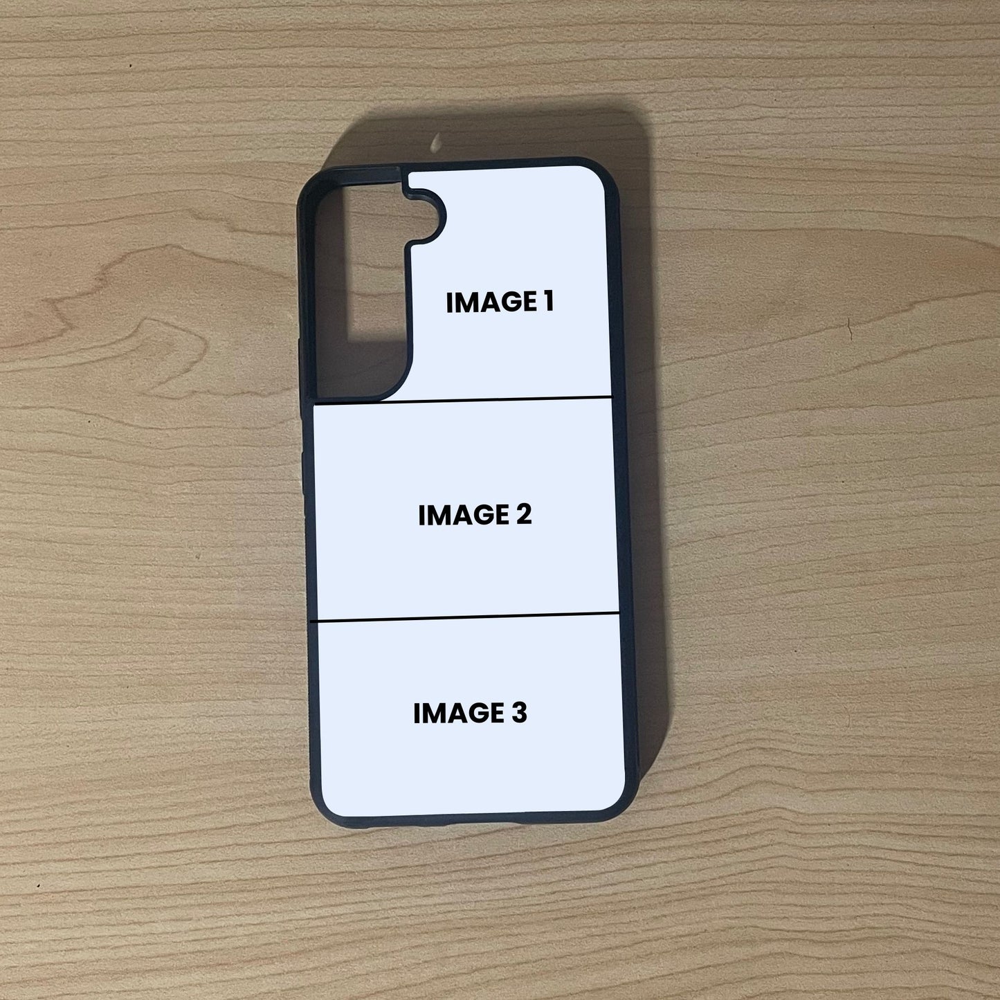 Custom phone case for the Samsung S21, S21 Plus, S22 and S22 Plus showing 3 photo collage photo placement on a wooden surface.