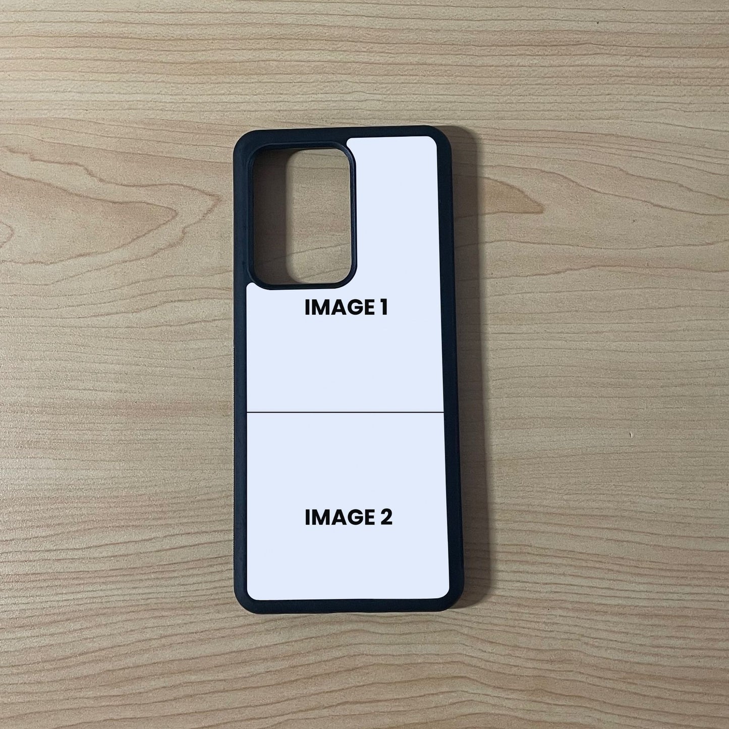 Custom phone case for the Samsung 21 Ultra, Note 20 and Note Ultra showing 2 photo collage photo placement on a wooden surface.