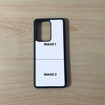 Custom phone case for the Samsung 21 Ultra, Note 20 and Note Ultra showing 2 photo collage photo placement on a wooden surface.