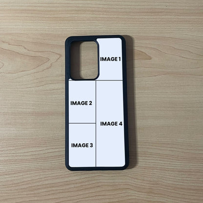 Custom phone case for the Samsung 21 Ultra, Note 20 and Note Ultra showing 4 photo collage photo placement on a wooden surface.