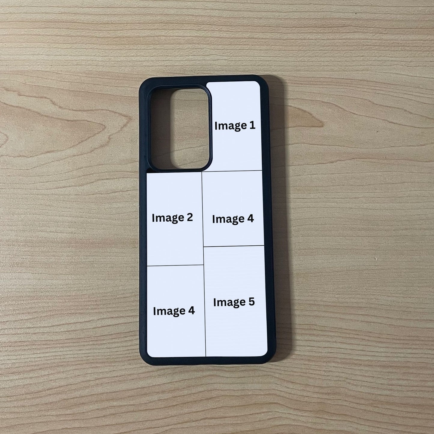 Custom phone case for the Samsung 21 Ultra, Note 20 and Note Ultra showing 5 photo collage photo placement on a wooden surface.