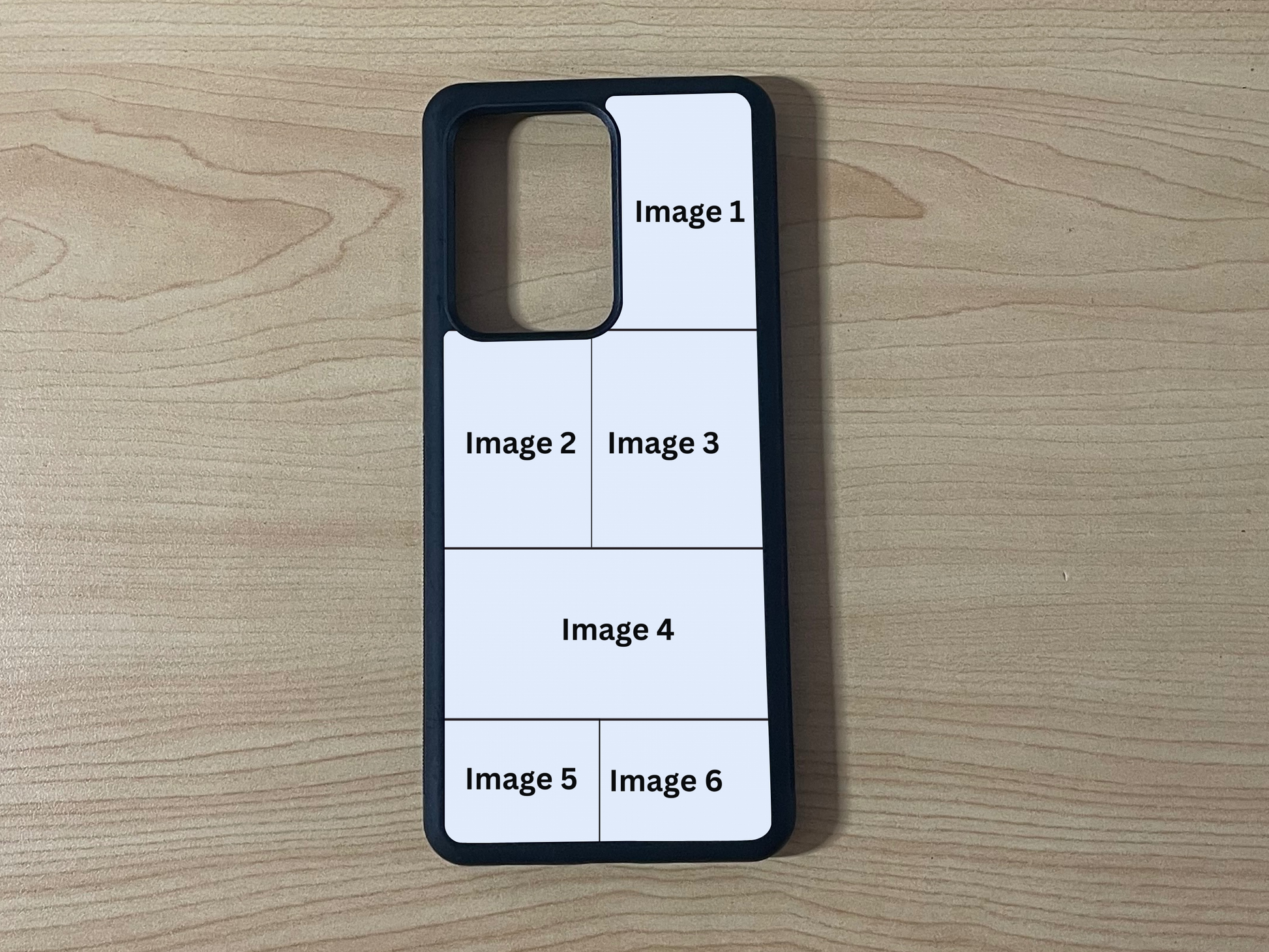 Custom phone case for the Samsung 21 Ultra, Note 20 and Note Ultra showing 6 photo collage photo placement on a wooden surface.
