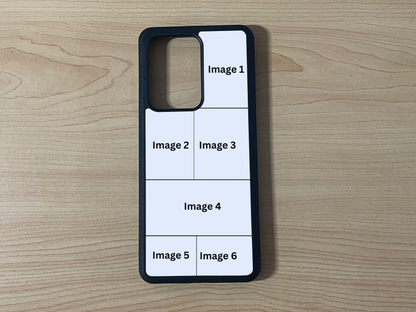 Custom phone case for the Samsung 21 Ultra, Note 20 and Note Ultra showing 6 photo collage photo placement on a wooden surface.