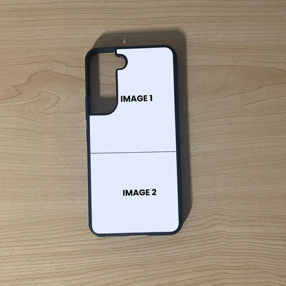 Custom phone case for the Samsung S21 and S21 Plus showing 2 photo collage photo placement on a wooden surface.