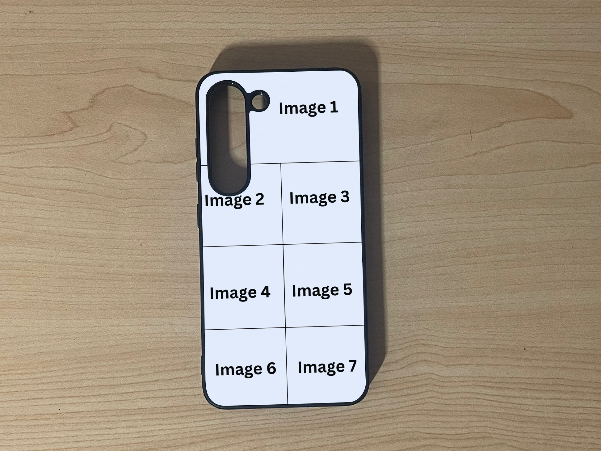 Custom phone case for the Samsung S23 and S23 Plus, showing 7 photo collage photo placement on a wooden surface.