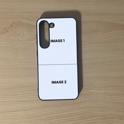 Custom phone case for the Samsung S23 and S23 Plus showing 2 photo collage photo placement on a wooden surface.