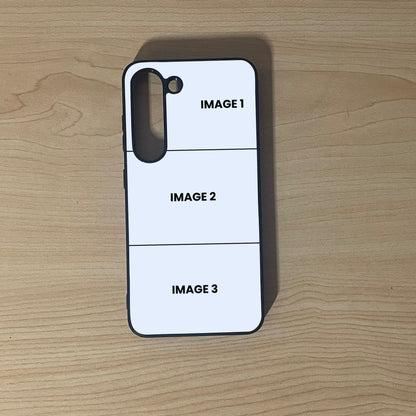 Custom phone case for the Samsung S23 and S23 Plus showing 3 photo collage photo placement on a wooden surface.
