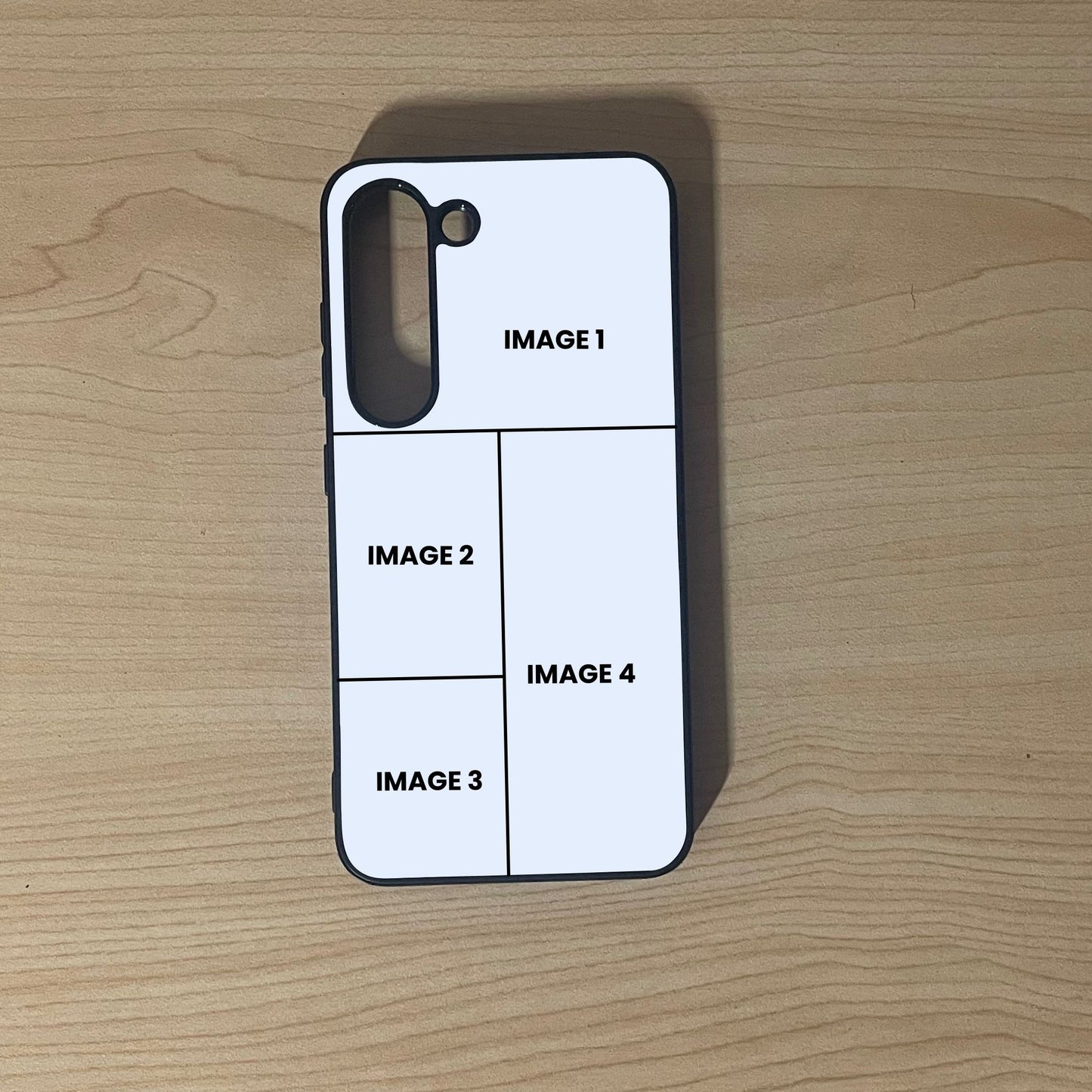 Custom phone case for the Samsung S23 and S23 Plus showing 4 photo collage photo placement on a wooden surface.
