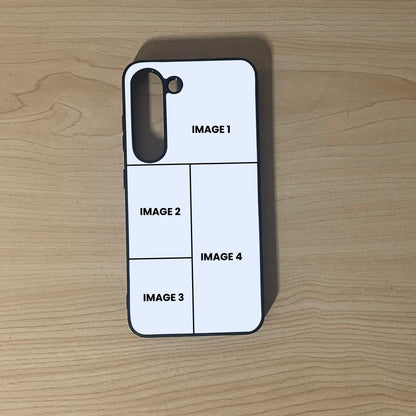 Custom phone case for the Samsung S23 and S23 Plus showing 4 photo collage photo placement on a wooden surface.