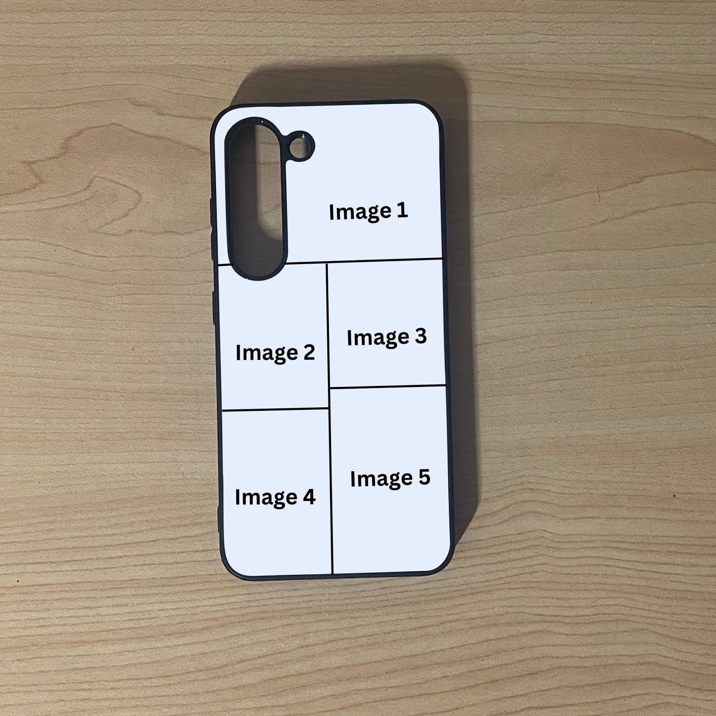 Custom phone case for the Samsung S23 and S23 Plus showing 5 photo collage photo placement on a wooden surface.