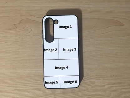 Custom phone case for the Samsung S23 and S23 Plus showing 6 photo collage photo placement on a wooden surface.