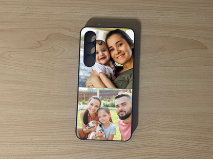 Custom phone case for the Samsung S24 and S24 Plus showing 2 photo collage photo of family moments on a wooden surface.