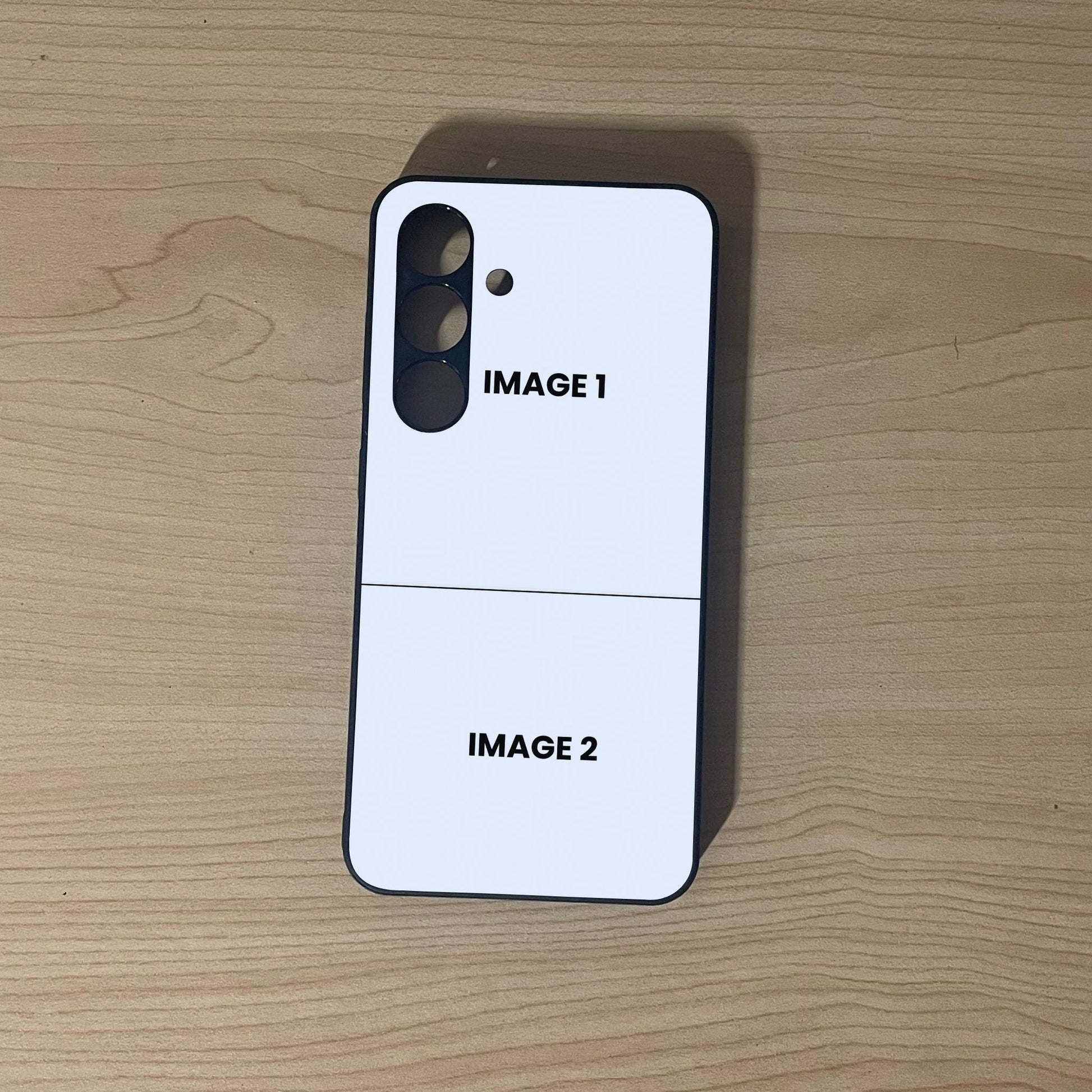 Custom phone case for the Samsung S24 and S24 Plus showing 2 photo collage photo placement on a wooden surface.