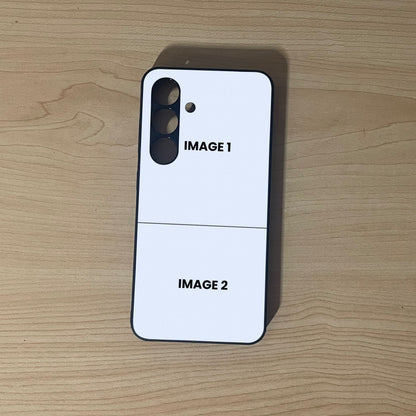Custom phone case for the Samsung S24 and S24 Plus showing 2 photo collage photo placement on a wooden surface.