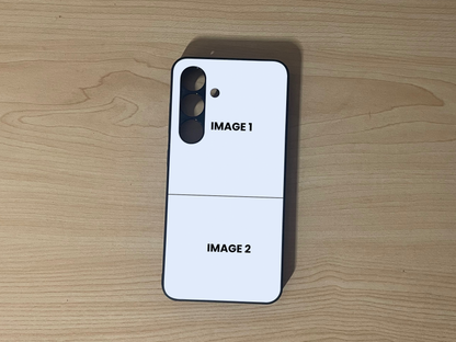 Custom phone case for the Samsung S24 and S24 Plus showing 2 photo collage photo placement on a wooden surface.